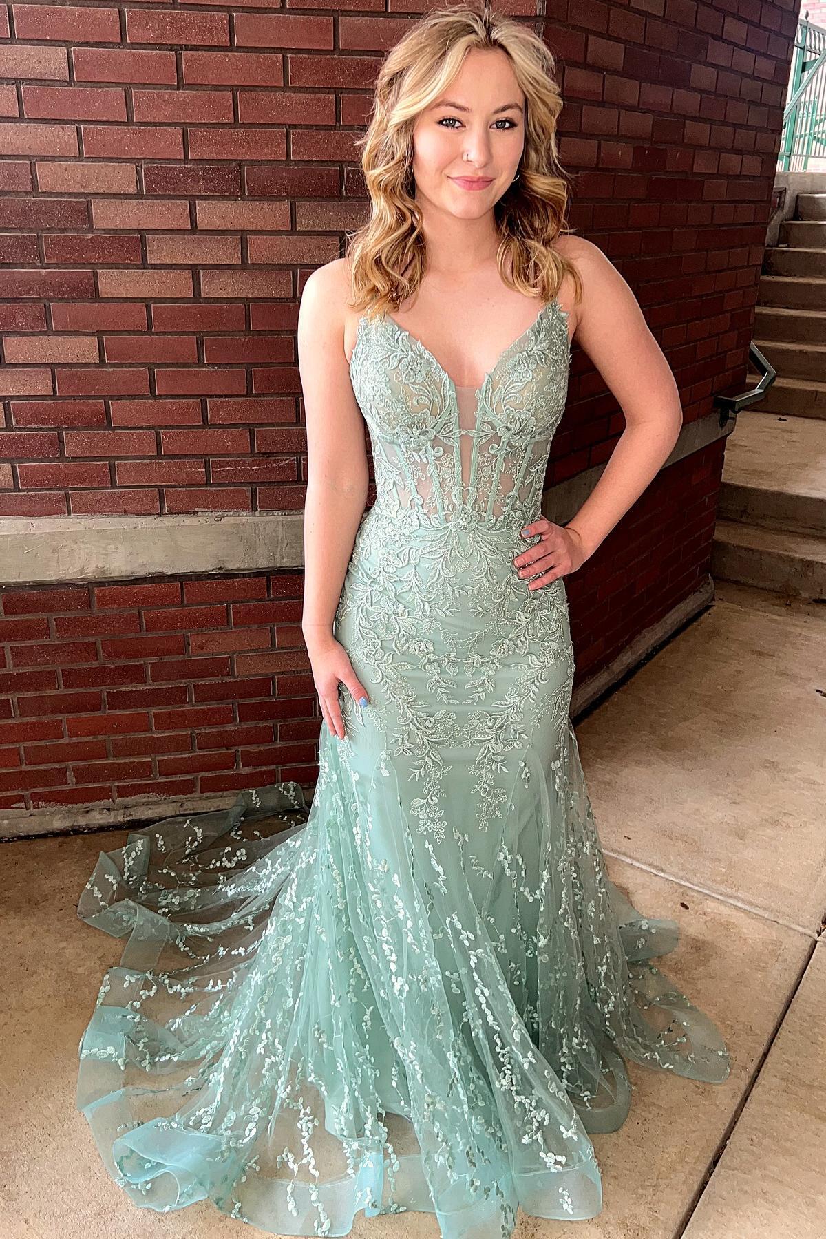 Straps Orange Lace Mermaid Long Formal Dress