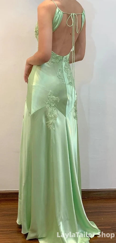 Elegant Sage Green Satin Maxi Prom Dress with Lace Appliques