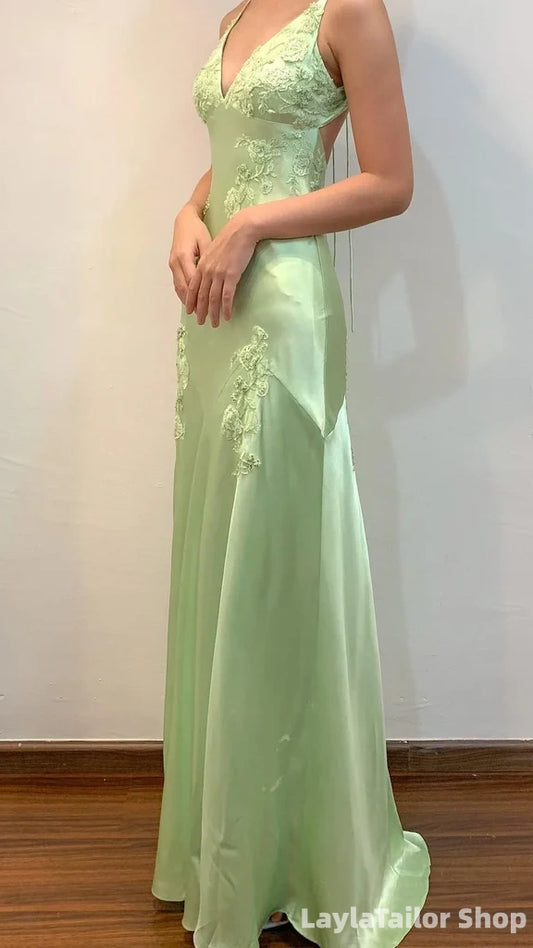 Elegant Sage Green Satin Maxi Prom Dress with Lace Appliques