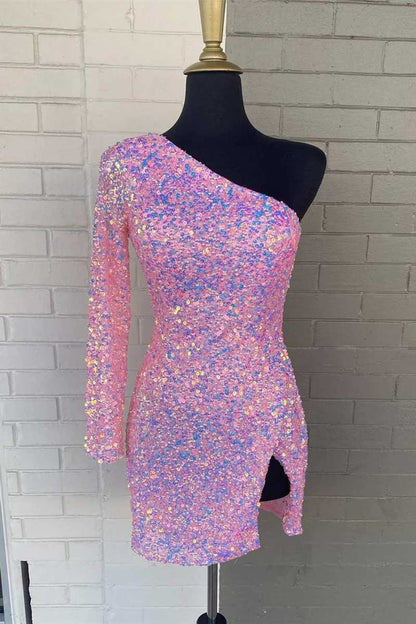 Black Bodycon One-Shoulder Sequins Mini Party Dresses