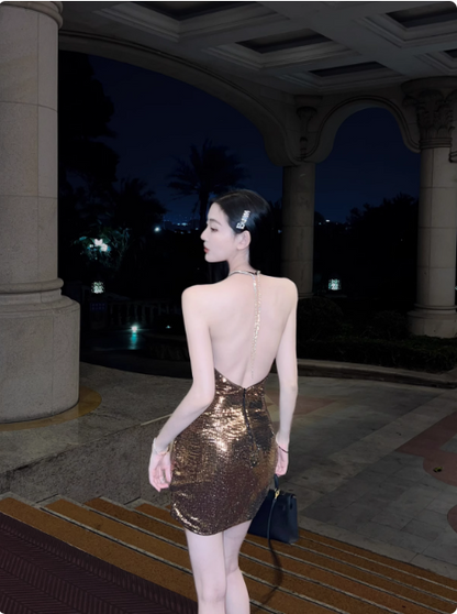 Sexy Halterneck Hip-Hugging Sparkly Backless Homecoming Dress