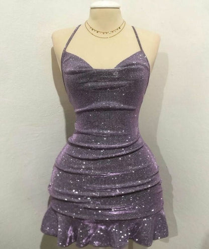 Sexy Sheath Halter Sequin Tight Grape Formal Homecoming Dresses 8Th Grad Dance Graduation Dress Short Birthday Outfits Hoco Dresses
