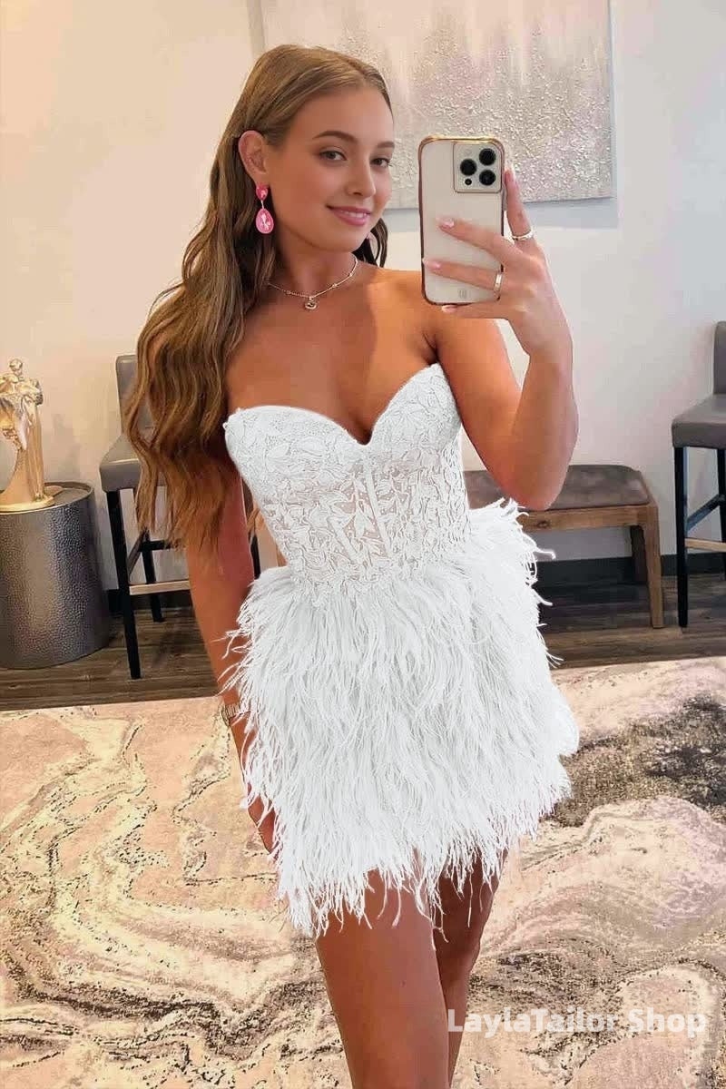 Sheath Sweetheart Lace Feather Skirt Homecoming Dress