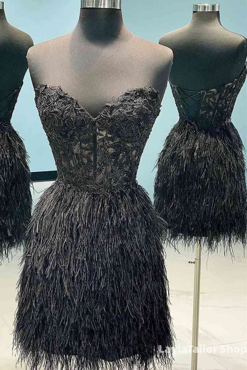 Sheath Sweetheart Lace Feather Skirt Homecoming Dress
