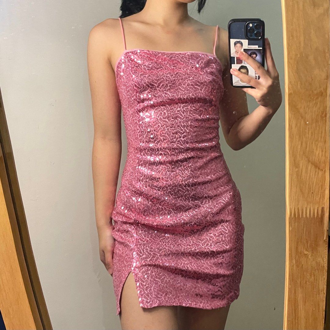 LTP1844,Pink Sequined Spaghetti Straps Homecoming Dress Mini Party Dress