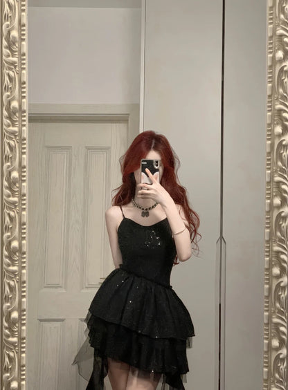 Shiny Black Spaghetti Strap Sequined Tulle Irregular Skirt 17Th Birthday Homecoming Dress