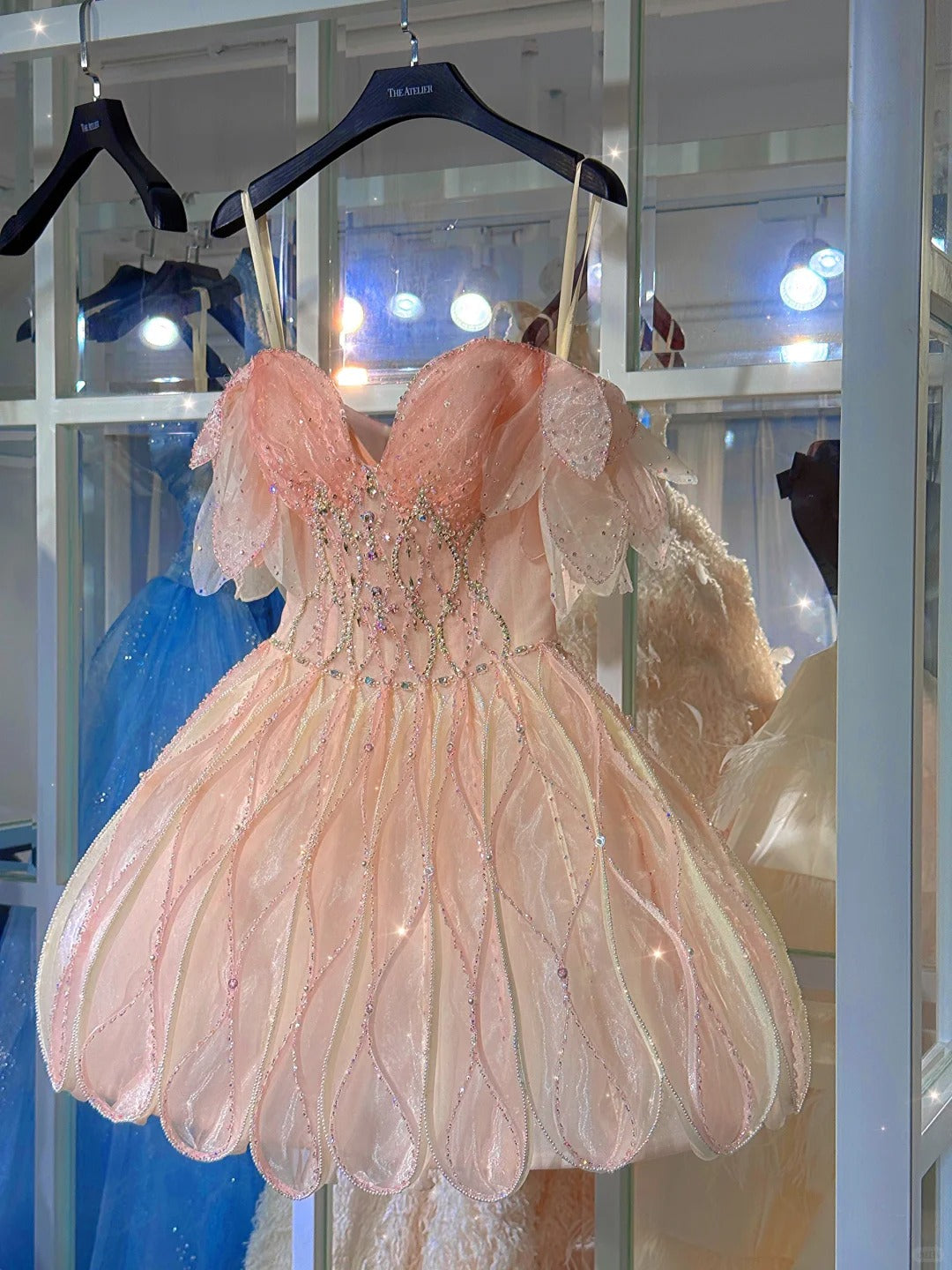 Shiny Pink Beaded Sling Petal Skirt Princess 17Th Birthday Homecoming Dress