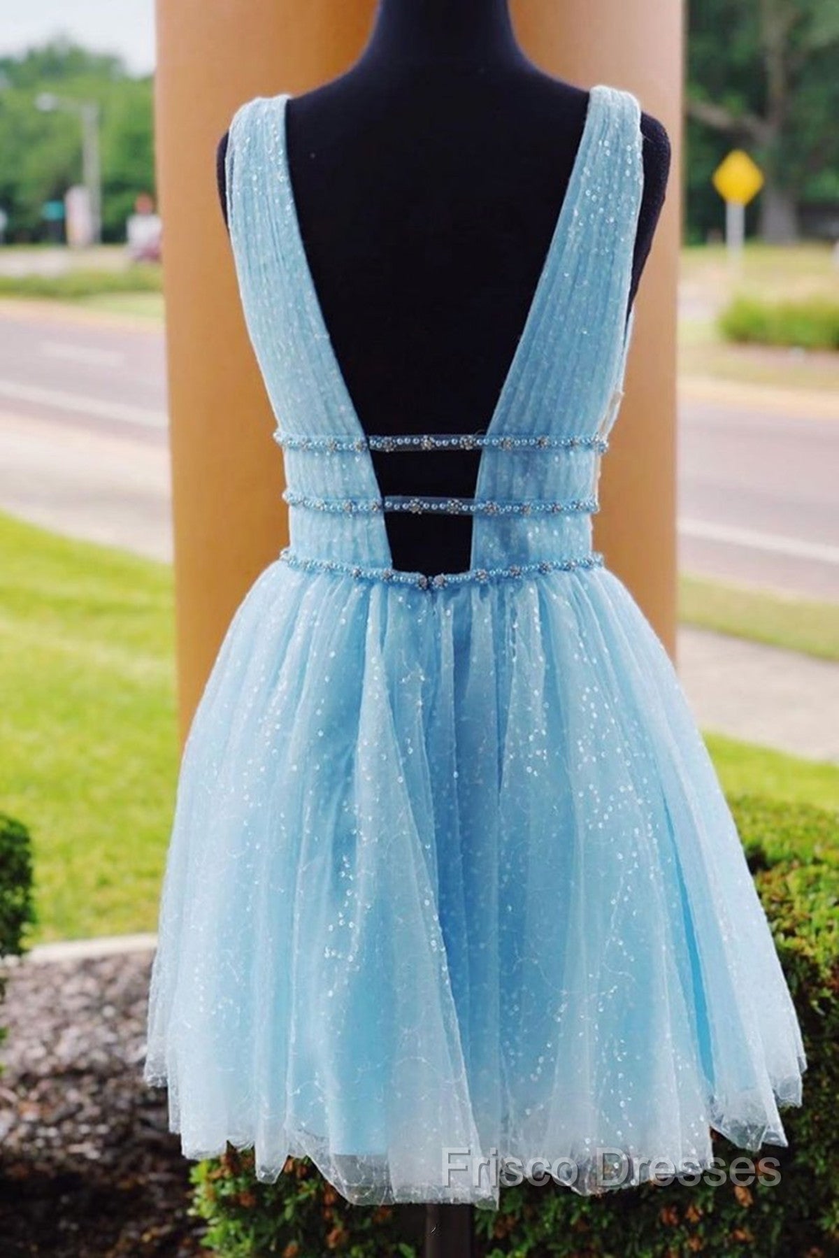 Shiny V Neck Short Blue/Yellow Formal Prom Dressses, Short Blue/Yellow V Neck Fomal Homecoming Graduation Dress
