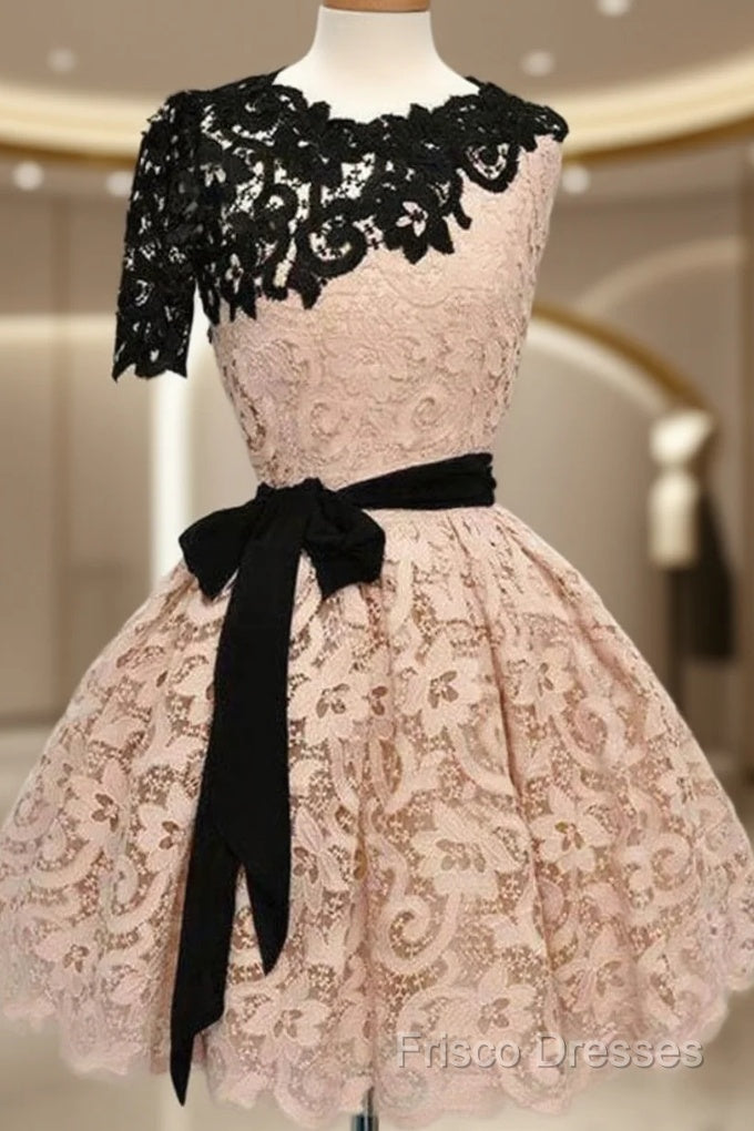 Short Black Champagne Lace Formal Prom Dress, Short Black Champagne Lace Graduation Homecoming Dress