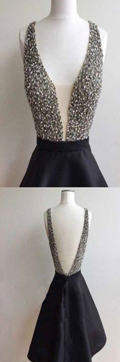 Short black mismatched open back sexy freshman homecoming prom dress