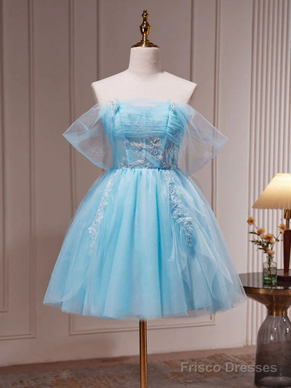 Short Blue Beaded Prom Dresses, Short Blue Graduation Homecoming Dresses