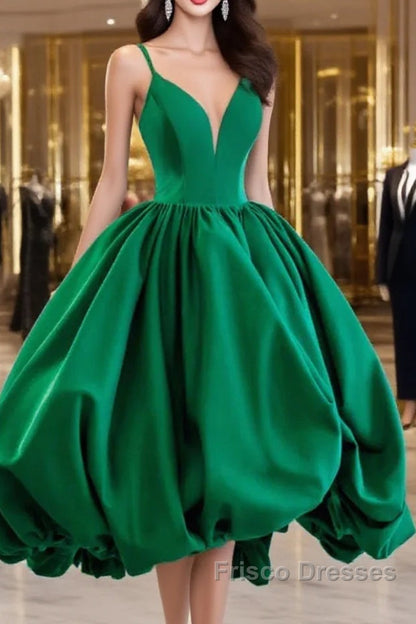 Short Green V Neck Satin Formal Prom Dress, Short Green V Neck Satin Formal Homecoming Dress