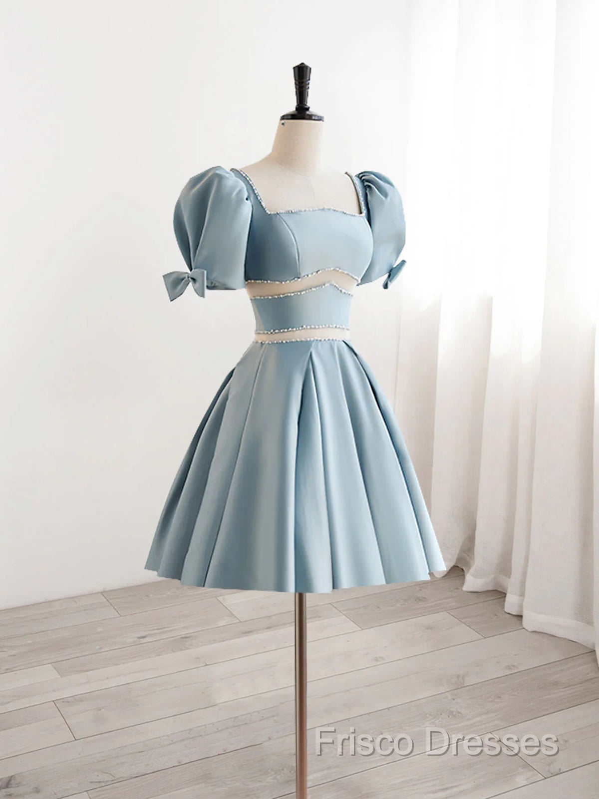 Short Sleeves Short Blue Formal Prom Dress, Short Blue Formal Homecoming Dress