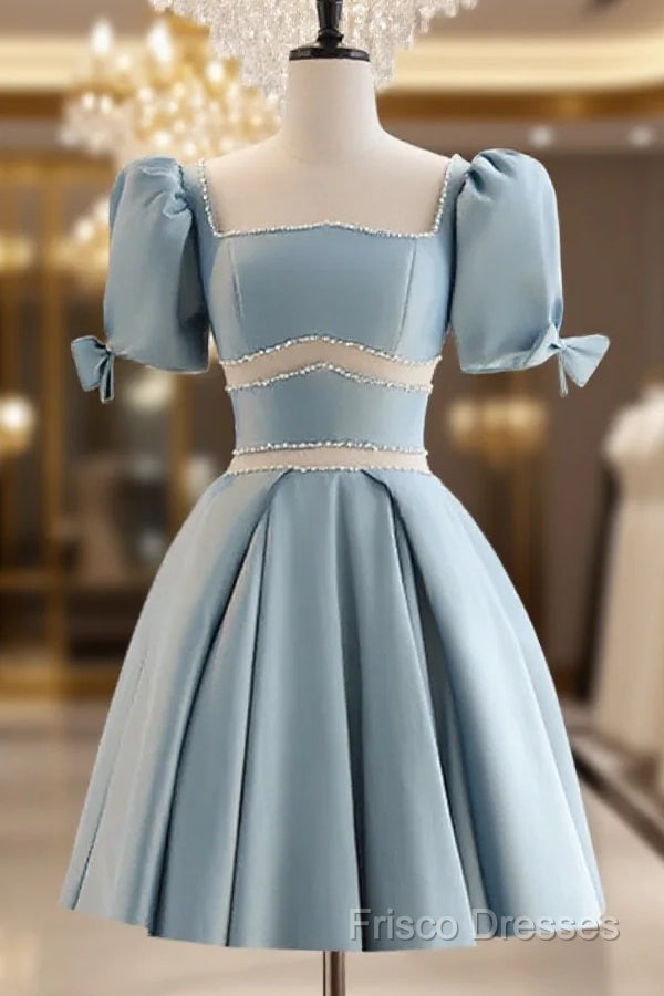 Short Sleeves Short Blue Formal Prom Dress, Short Blue Formal Homecoming Dress