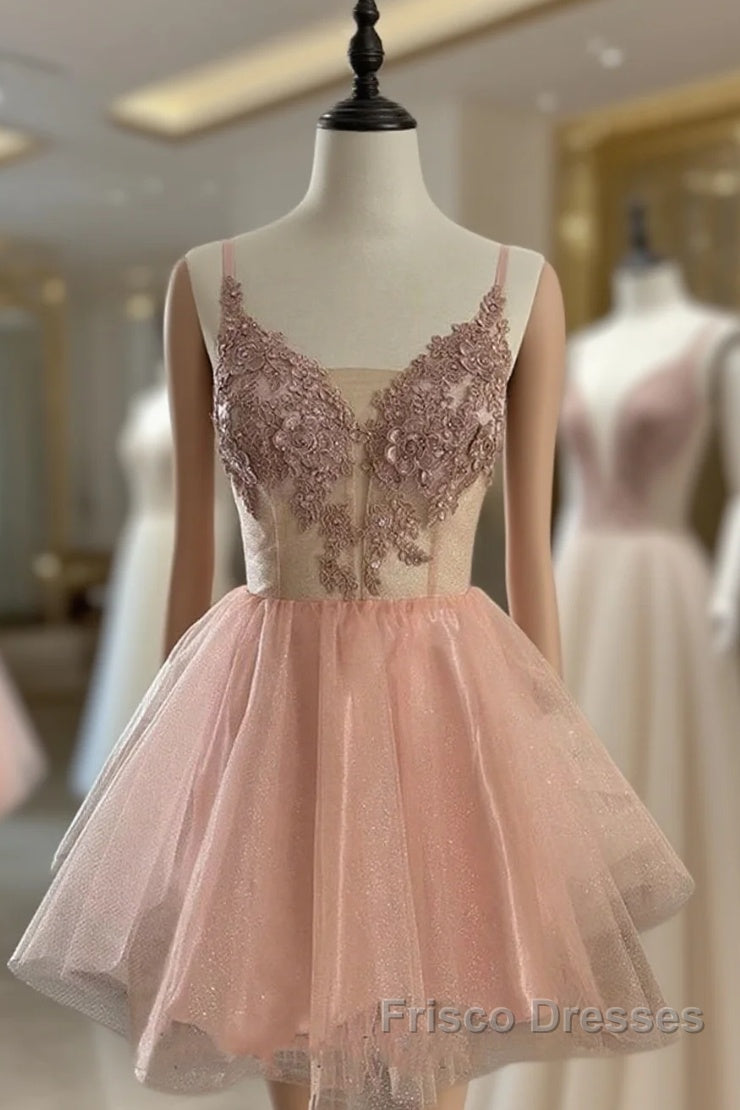 Short V Neck Pink Lace Formal Prom Dress, Short Pink Lace Graduation Homecoming Dress