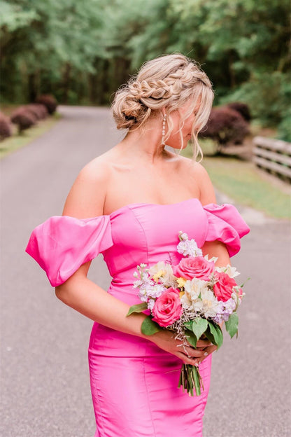 Hot Pink Strapless Mermaid Long Party Dress with Short Sleeves