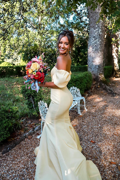 Hot Pink Strapless Mermaid Long Party Dress with Short Sleeves