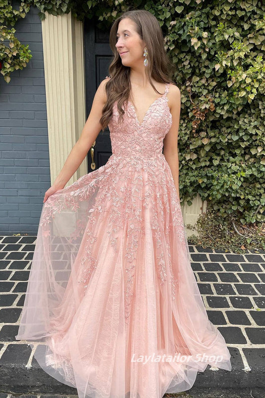 Charming Lace Appliques A-Line Long Evening Party Dress