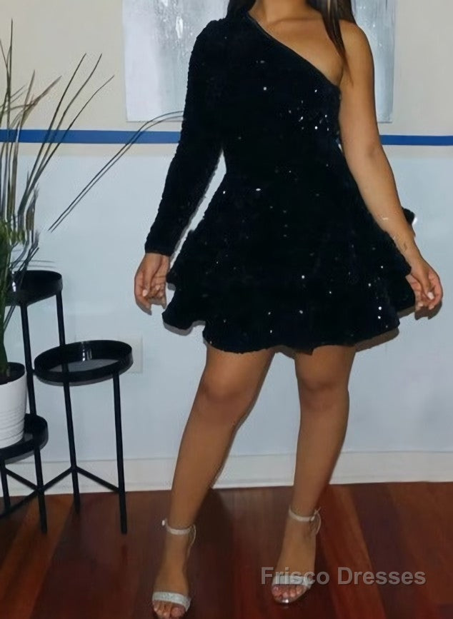 Sparkly Sequin Cocktail Dresses Short A Line One Shoulder African Women Formal Long Sleeve Homecoming Dress