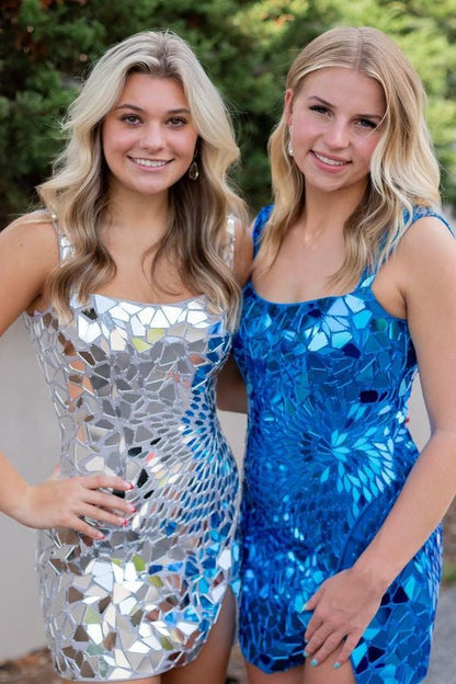 Sparkly Silver Square Neck Mirror Sequin Tight Mini Party Dresses