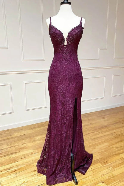 LTP1739,Mermaid/Trumpet Spaghetti Straps Grape Lace Beaded Long Prom Dress Formal Evening Dress