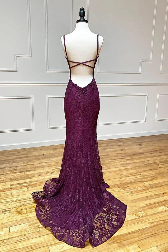 LTP1739,Mermaid/Trumpet Spaghetti Straps Grape Lace Beaded Long Prom Dress Formal Evening Dress