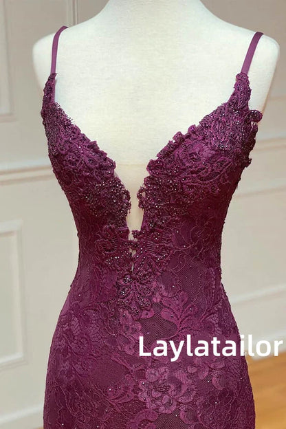 LTP1739,Mermaid/Trumpet Spaghetti Straps Grape Lace Beaded Long Prom Dress Formal Evening Dress