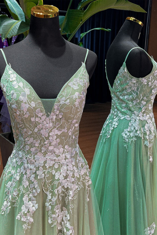 Straps Sage Green Tulle and White Appliques Formal Dress