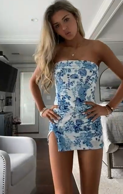 Strapless Blue Print Bodycon Prom Dress Homecoming Dress