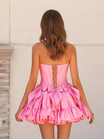 Strapless Black Beaded Short Homecoming Dress with Bow
