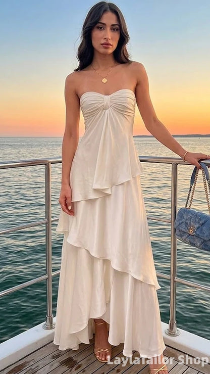 Elegant Soft White Strapless A-line Tiered Prom Dress,Wedding Party Dress