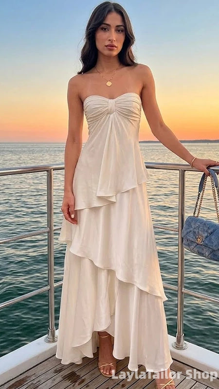 Elegant Soft White Strapless A-line Tiered Prom Dress,Wedding Party Dress