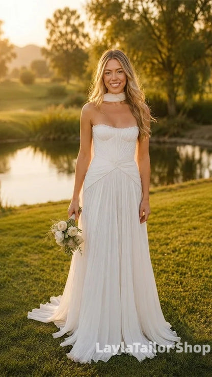 Vintage Ivory Pleated Strapless A-line Wedding Dress