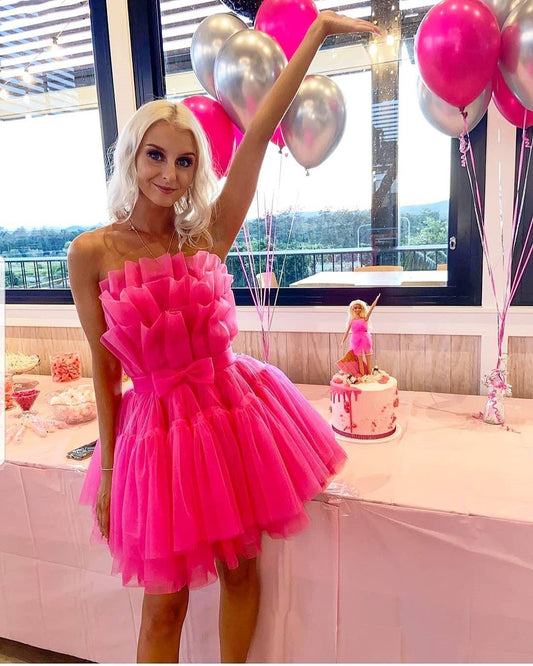 Sweet Hot Pink Tulle Ruffles Homecoming Dresses Mini Party Dress