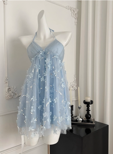 Sweet Light Blue Heavy Sequin Embroidery Three-Dimensional Flower Halter Neck Mesh Birthday Short Skirt Homecoming Dress