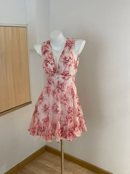 Sweet Pink Floral Backless Multi-Layered Pleated Chiffon Homecoming Dress
