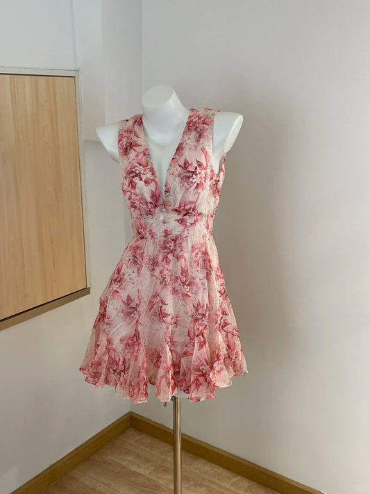 Sweet Pink Floral Backless Multi-Layered Pleated Chiffon Homecoming Dress