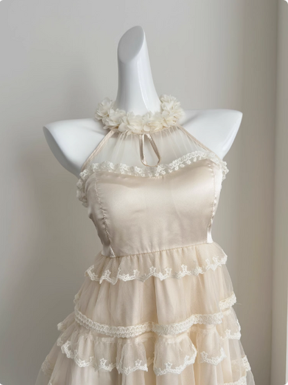 Sweet Three-Dimensional Flower Halter Neck Strap Sleeveless Lace Splicing Mesh Cake Birthday Skirt Homecoming Dress