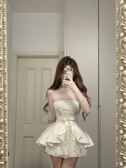 Sweet Tube Top Bow Lace Waist Mini 17Th Birthday Homecoming Dress
