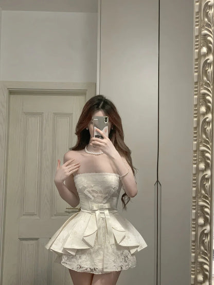 Sweet Tube Top Bow Lace Waist Mini 17Th Birthday Homecoming Dress