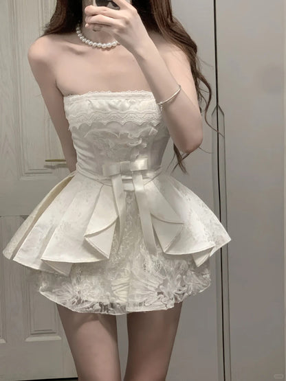 Sweet Tube Top Bow Lace Waist Mini 17Th Birthday Homecoming Dress