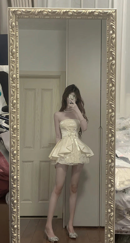 Sweet Tube Top Bow Lace Waist Mini 17Th Birthday Homecoming Dress
