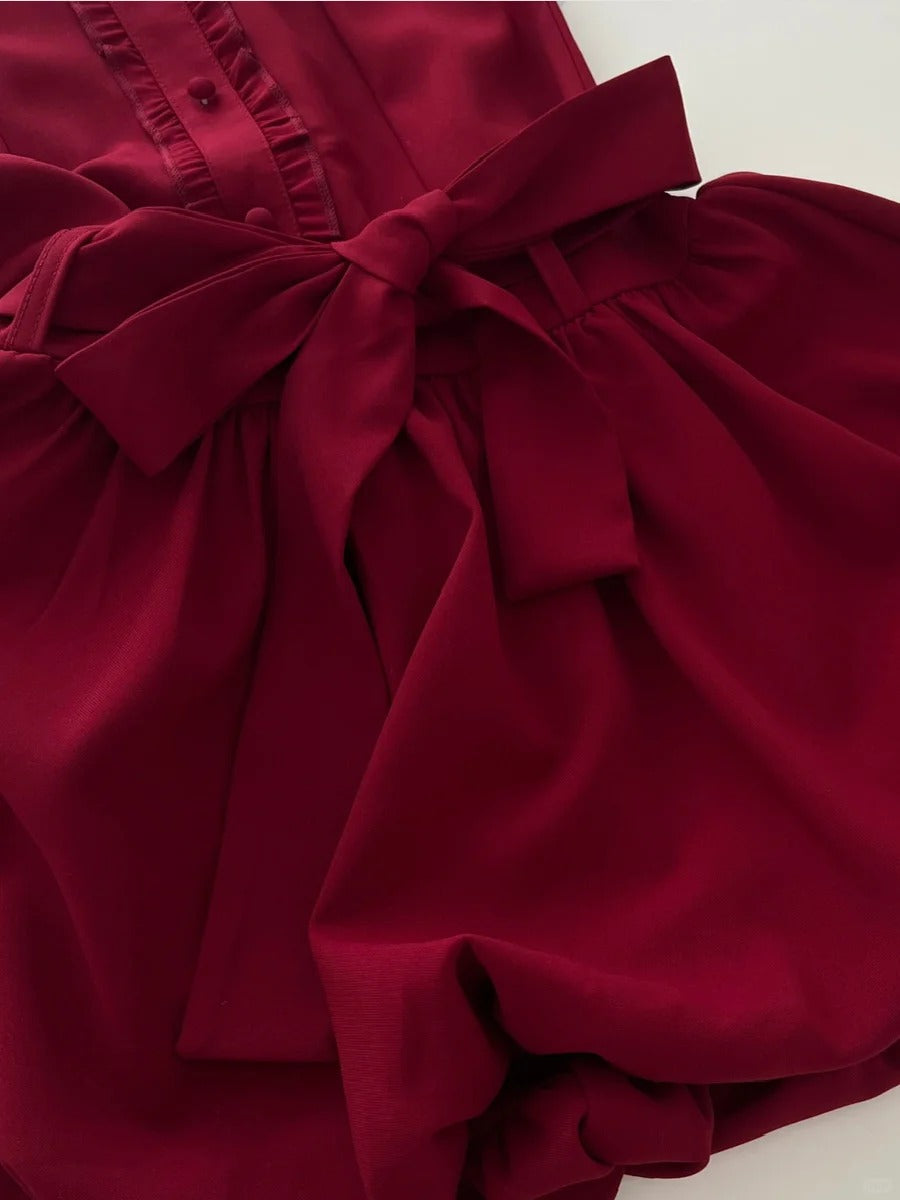 Sweet Burgundy Lapel Bow Bud Mini 17Th Birthday Dress Homecoming Dress