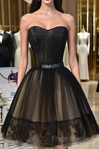 Sweetheart Neck Short Black Lace Formal Prom Dress, Short Black Lace Graduation Homecoming Dress
