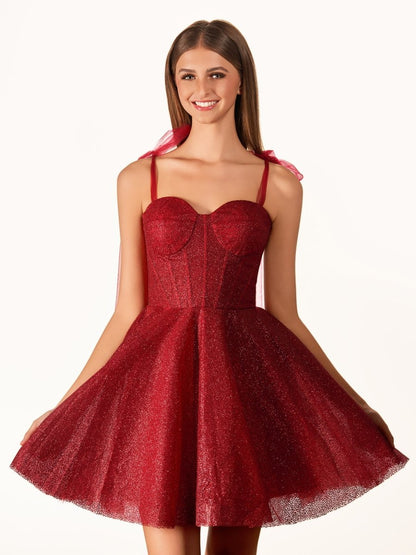 Tie Shoulder White Spraying A-Line Short Party Dress