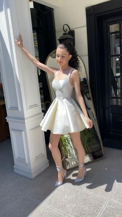 Simple Sequare Neck White Short Prom Dress,Elegant Homecoming Dress
