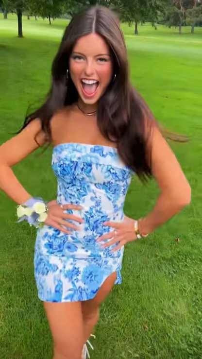 Unique Strapless Blue Satin Print Floral Sheath Short Cocktail Dress Formal Homecoming Dress