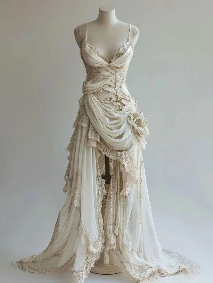 Unique Wedding Dress Lace Appliques Ruched Bridal Gown