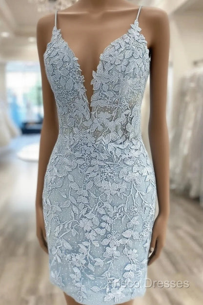 V Neck Short Light Blue Lace Formal Prom Dress, V Neck Blue Lace Short Graduation Homecoming Dress