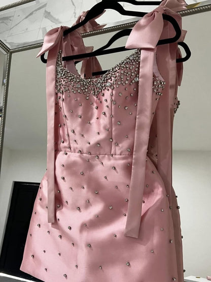 Pink Square Neck Satin Short Strapless Homecoming Dress With Bows